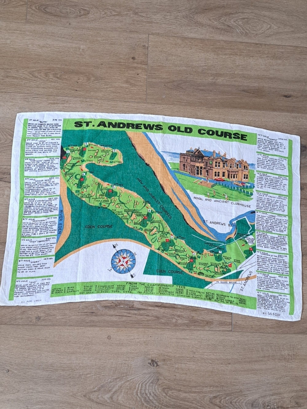 Vintage 1980s Linen Grandpacore St. Andrews Old Course Decorative Tea Towel.